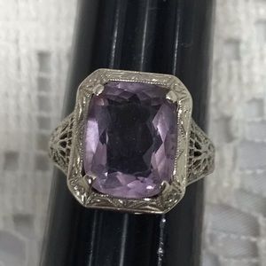14k Antique Estate Filigree Art Deco Amethyst GENUINE White Gold & Stone Ring